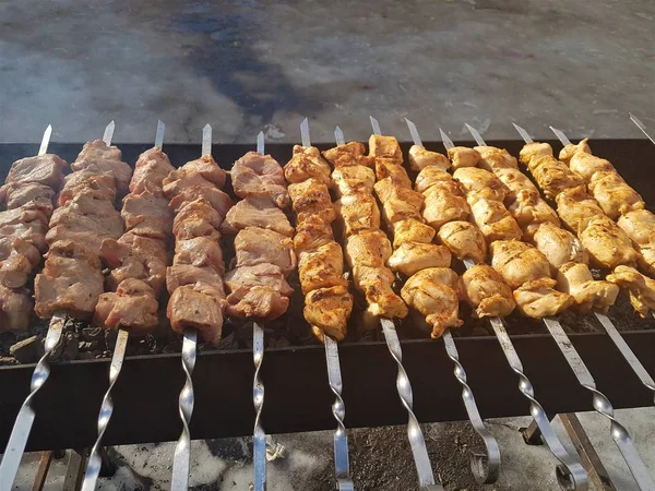 Sulu içinde Marine baharat et kebap şişleri üzerinde pişmiş ve bir yangın ve açık bir günde karlı kış doğada kömür barbekü ızgara üzerinde kızarmış
