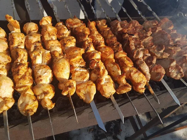 Juteux mariné dans des épices kebab de viande sur des brochettes, cuit et frit sur un barbecue au feu et au charbon de bois, dans la nature de l'hiver enneigé, par temps clair — Photo
