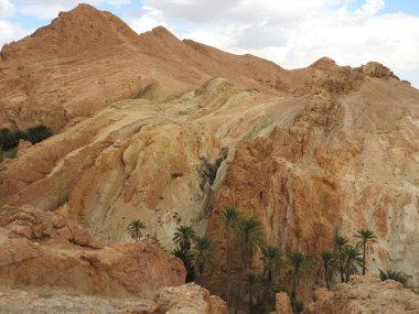 Chebika dağ oasis sınır Sahara, açık mavi gökyüzü, Tunus, Afrika