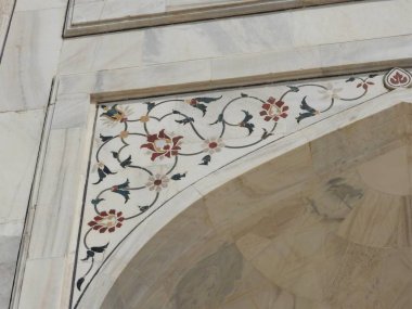 Yakın çekim ayrıntılı Taj Mahal, ünlü tarihi UNESCO tarafından aşk anıt, Hindistan, Agra, Uttar Pradesh en büyük beyaz mermer mezar.
