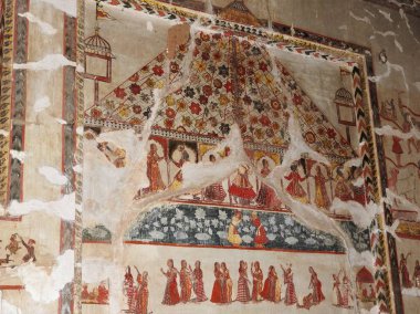 Orchha Kalesi ve Sarayı 'nın duvar resimleri, Madhya Pradesh, Hindistan.