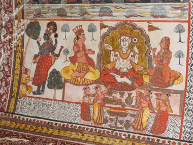 Orchha Kalesi ve Sarayı 'nın duvar resimleri, Madhya Pradesh, Hindistan.