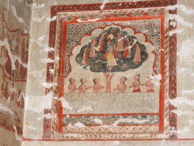Orchha Kalesi ve Sarayı 'nın duvar resimleri, Madhya Pradesh, Hindistan.