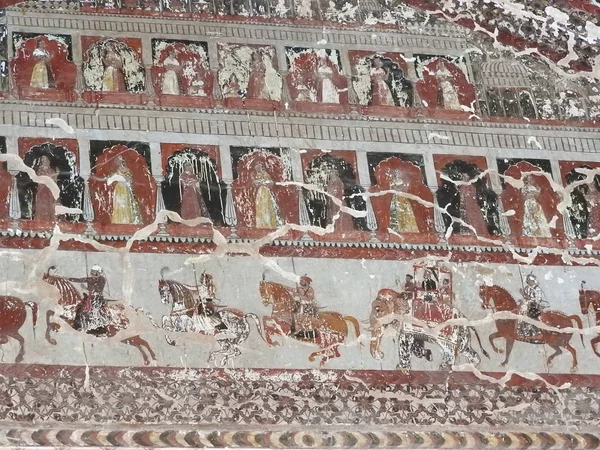 Wall paintings of Orchha Fort and Palace, Madhya Pradesh, India.