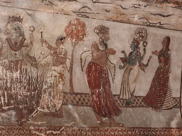 Wall paintings of Orchha Fort and Palace, Madhya Pradesh, India.