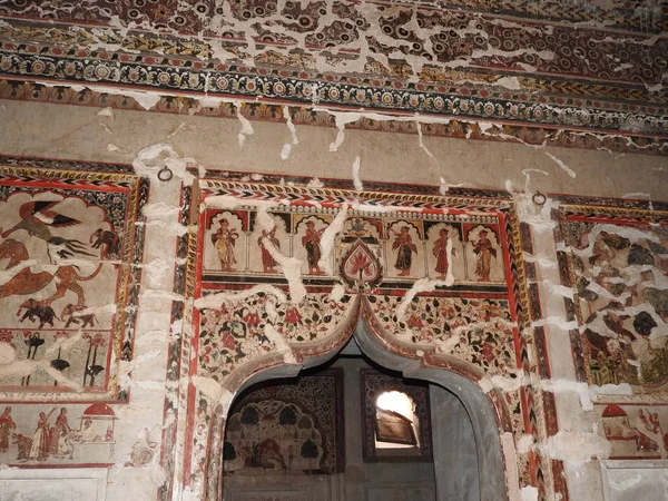 Wall paintings of Orchha Fort and Palace, Madhya Pradesh, India.