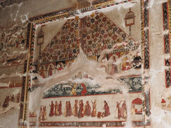 Wall paintings of Orchha Fort and Palace, Madhya Pradesh, India.