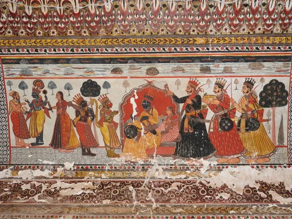 Wall paintings of Orchha Fort and Palace, Madhya Pradesh, India.