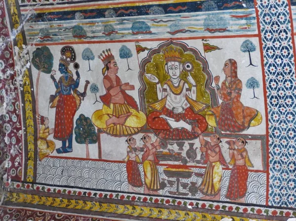 Wall paintings of Orchha Fort and Palace, Madhya Pradesh, India.