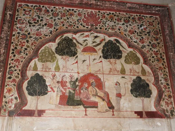 Wall paintings of Orchha Fort and Palace, Madhya Pradesh, India.