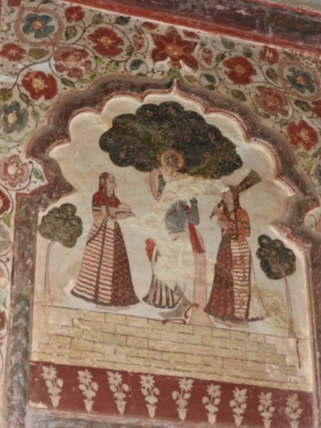 Wall paintings of Orchha Fort and Palace, Madhya Pradesh, India.