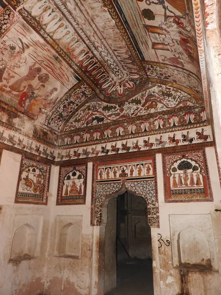 Wall paintings of Orchha Fort and Palace, Madhya Pradesh, India.