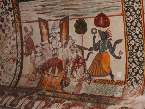 Wall paintings of Orchha Fort and Palace, Madhya Pradesh, India.