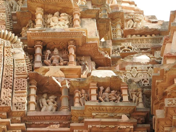 The Western group of Khajuraho temples, a UNESCO heritage site, is famous for its sexy erotic sculptures, India, clear day.