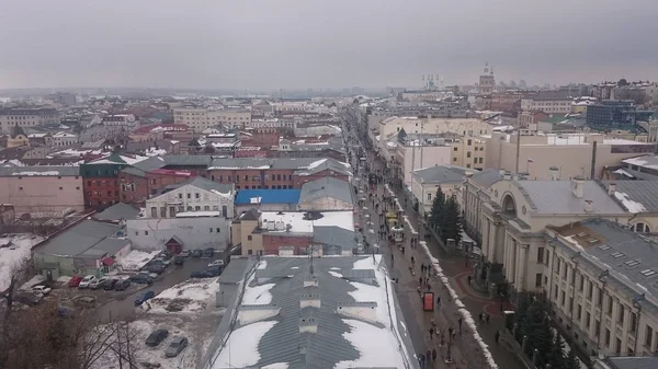 View of Bauman street in Kazan, from bell tower of the Cathedral, church and Kremlin. Kazan, Tatarstan, Russia. — Stock Photo, Image