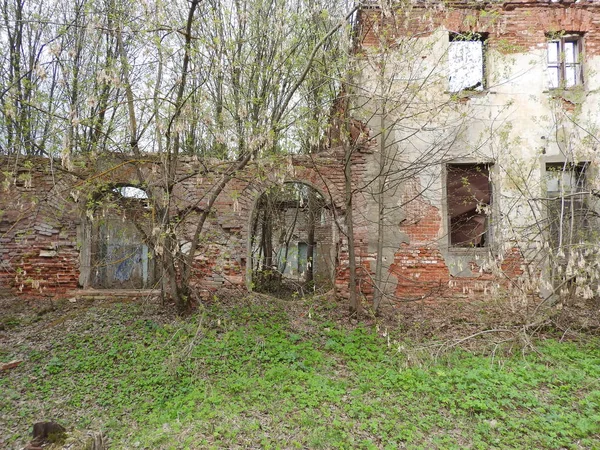 Ερείπια παλαιού παλιού κόκκινου τούβλου και γύψου κτίριο την άνοιξη στο χωριό Grebnevo κοντά στη Μόσχα, Ρωσία. — Φωτογραφία Αρχείου