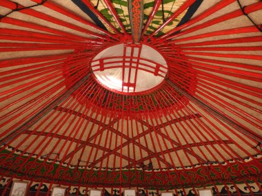 Moğol Yurt.Vintage difan desenleri tavan ve duvarların ulusal geleneksel dekorasyon. Yurt'un dekorasyonu. Etnik arka plan, Altın Horde olarak desenleri ile Ahşap çerçeve.