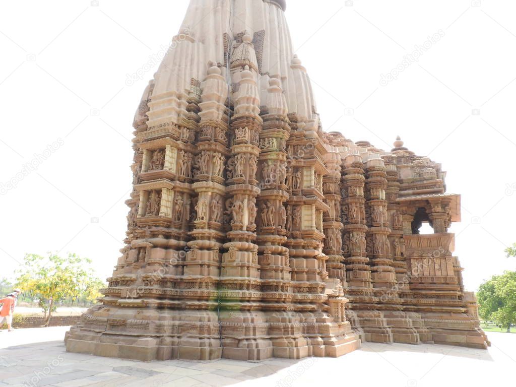 The Western group of Khajuraho temples, on a clear day, Madhya Pradesh India is a UNESCO world heritage site, known for Kama Sutra scenes and erotic figures.