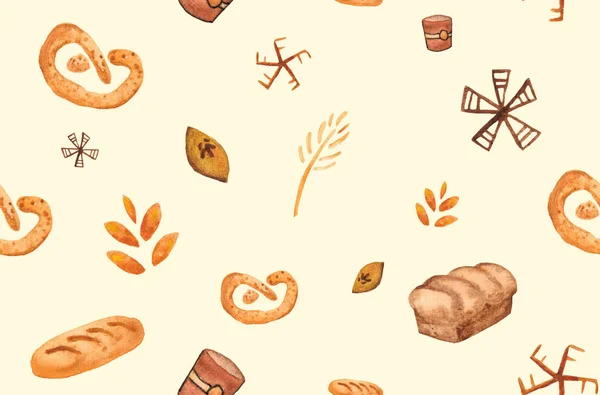 Bakery products, baking print. Pastry seamless pattern. Cute kitchen background