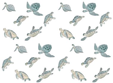 Beyaz arka plan üzerinde suluboya deniz kaplumbağası ile dikişsiz desen. Yaz egzotik baskı.