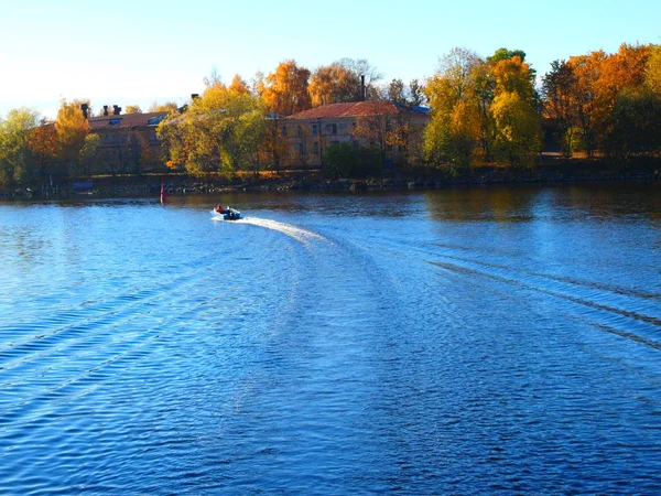 Herfst vroege ochtend. Meer en bos, blauwe hemel in Vyborg, Rusland — Stockfoto