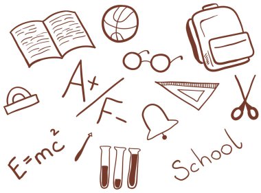 Okul öğeleri kümesi. Yalıtılmış vektör illüstrasyonu