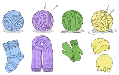 Örgü ve set. Örgü iğnesi, kanca, şapka, çorap, yün skeins. İplik veya terzi el yapımı mağaza için işaretler vektör seti ve logoları.