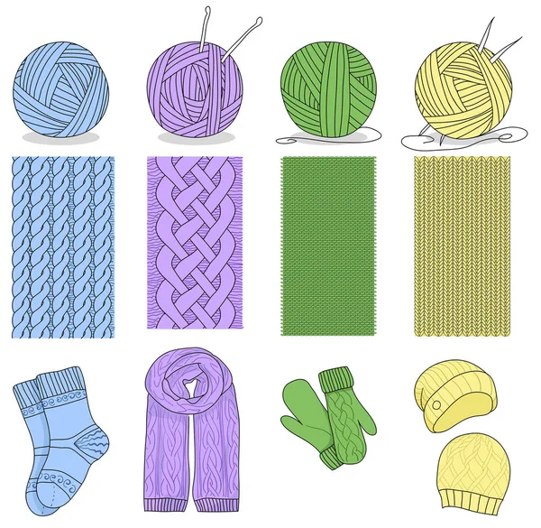 Вязание и сет. Иголка для вязания, крюк, шляпа, носки, шерстяные палочки. Набор векторных знаков и логотипов для пряжи или магазина ручной работы . — стоковый вектор