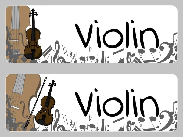 Bannières horizontales, gabarit de carte d'achalandage avec violon, alt et arc. Illustration vectorielle isolée avec musicien — Image vectorielle