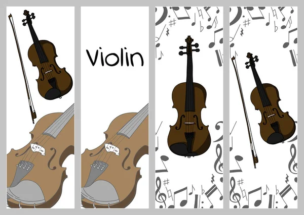 Vertical banners, buisness card template with violin, alt and bow. Isolated vector illustration with musician — Διανυσματικό Αρχείο