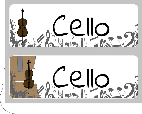 Bannières horizontales, gabarit carte d'achalandage avec violoncelle. Illustration vectorielle isolée avec musicien — Image vectorielle