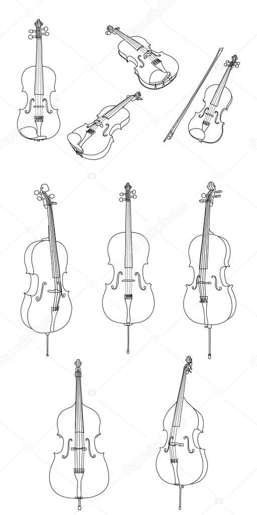 Classic violin, alt, cello, double bass and bow vector isolated on white background