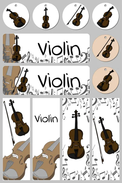 Bannières, gabarit de carte d'achalandage avec violon, alt et arc. Illustration vectorielle isolée avec musicien — Image vectorielle