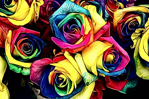バラの花束虹のすべての色 つぼみはクローズアップです テクスチャ芸術的な描画 ブラシコミックスタイル ストックフォト