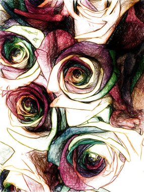 Gökkuşağının tüm renklerinden yaprakları ile gül bir buket. Çok renkli çiçek tomurcukları yakın çekim. Doku sanatsal çizim. Resim çizmek renk mürekkemi tarzı.