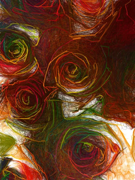 A bouquet of roses with petals of all colors of the rainbow. Multi-colored flower buds close-up. Texture artistic drawing. Art draw crayon etching style.