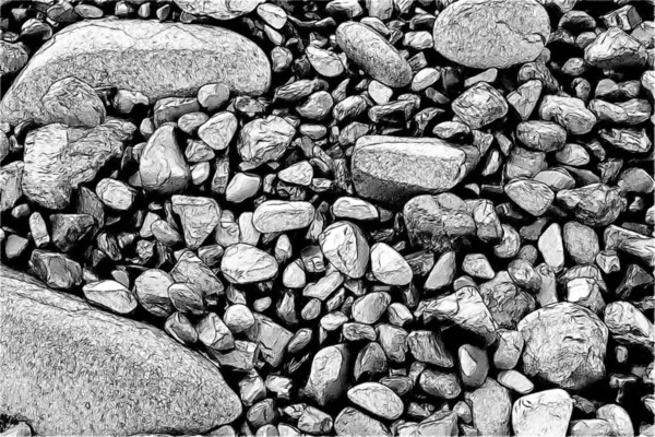 Wet stones of different sizes on the seashore. Beach pebbles after a rolled back wave. Texture artistic drawing. Sketch black and white style.