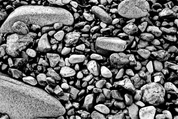 Wet stones of different sizes on the seashore. Beach pebbles after a rolled back wave. Texture artistic drawing. Sketch style.
