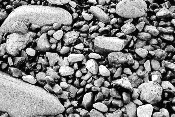 Piedras húmedas de diferentes tamaños en la orilla del mar. Guijarros de playa después de una ola. Textura dibujo artístico. Dibujo estilo lápiz oscuro . —  Fotos de Stock