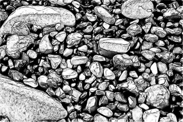 Különböző méretű vizes kövek a tengerparton. Beach kavicsok után egy hengerelt vissza hullám. Textúra művészi rajz. Sketch charecoal magas stílus. — Stock Fotó