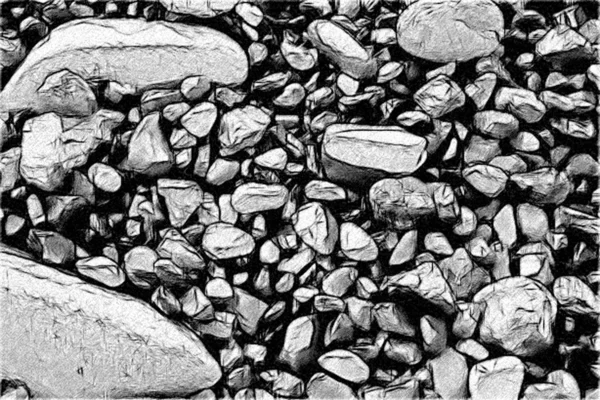 Piedras húmedas de diferentes tamaños en la orilla del mar. Guijarros de playa después de una ola. Textura dibujo artístico. Bosquejo de grano ruido lienzo estilo . — Foto de Stock