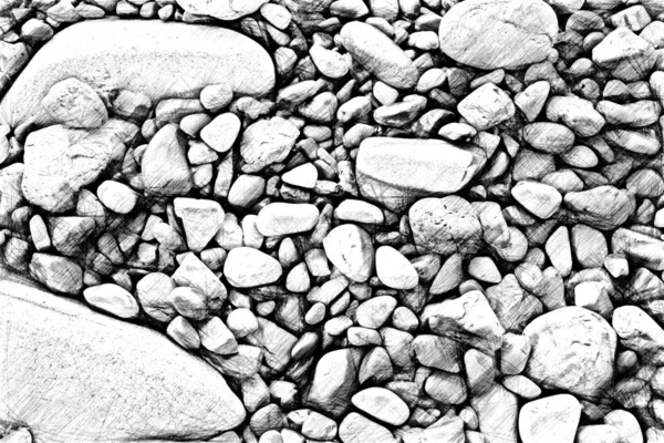 Υγρές πέτρες διαφόρων μεγεθών στην ακτή. Παραλία βότσαλα μετά από ένα κυλιόμενο κύμα. Καλλιτεχνικό σχέδιο υφής. Στυλ σκετς freehand. — Φωτογραφία Αρχείου