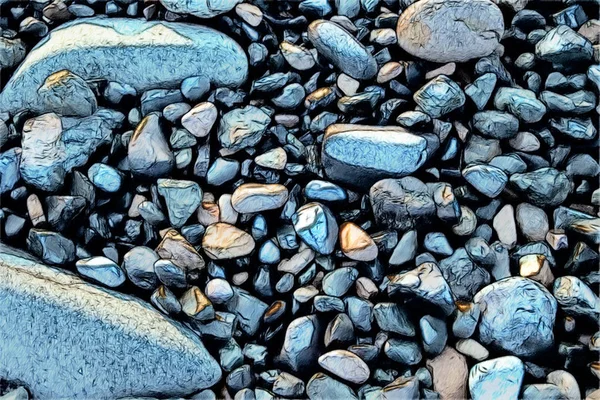 Våta stenar i olika storlekar på stranden. Strandstenar efter en rullad bakvåg. Konstnärlig teckning. Skiss pastell stil. — Stockfoto