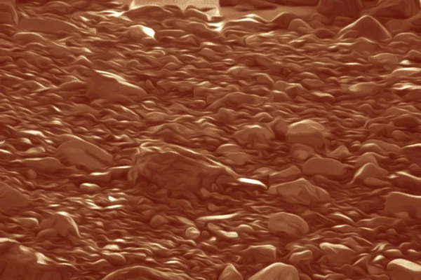 Piedras húmedas de diferentes tamaños en la orilla del mar de arena. La playa guijarros después de una ola de retroceso contra el atardecer. Textura dibujo artístico. Cepillo estilo sepia . — Foto de Stock