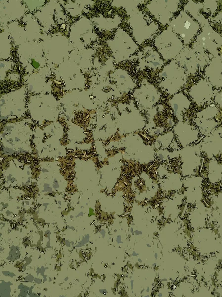 Pavement covered with earth, dust, pieces of green moss and small dry twigs. Square stones are in the shape of a fan. Texture artistic drawing. Art Draw comics poster style.