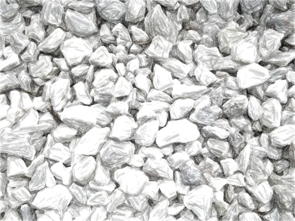 Small white and gray pebbles mixed with dry leaves and sprigs. Pieces of marble densely adjacent to each other in general terms. Texture artistic drawing. Pastel style.