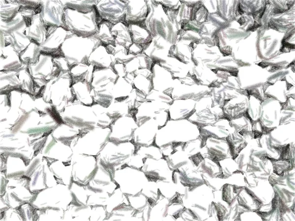 Small white and gray pebbles mixed with dry leaves and sprigs. Pieces of marble densely adjacent to each other in general terms. Texture artistic drawing. Pastel exotic style.