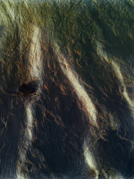 Uma pequena pedra negra na areia. A superfície irregular da praia é cortada por listras lisas e crateras de forma rasgada. Textura desenho artístico. Arte desenhar estilo caótico . — Fotografia de Stock
