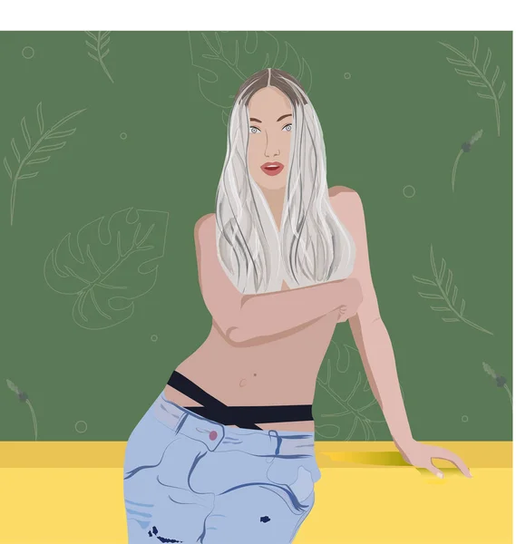 Blond Meisje Jeans Illustratie — Stockvector