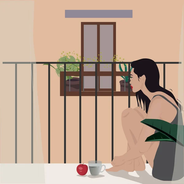 Ргб Молодая Женщина Сидящая Балконе — стоковый вектор